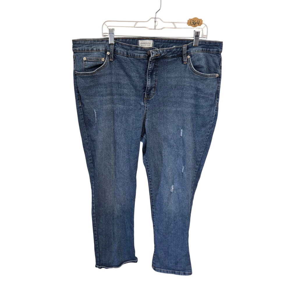 Crown & Ivy Womens High Rise Vintage Straight Jeans Blue Distressed Size 18W